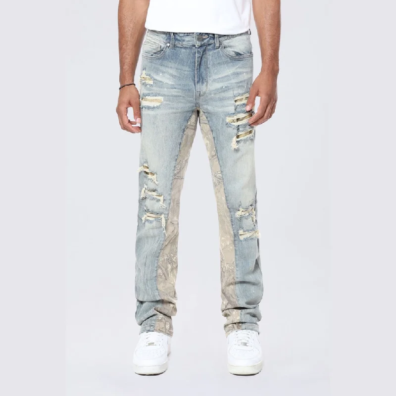 Long Khaki Hunting Camo Insert Jeans - Vanilla Blue