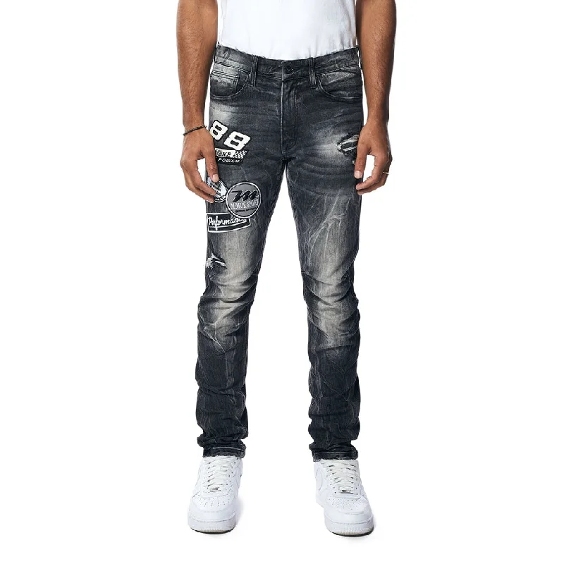 Slim Embroidered Patched Racing Jeans - Moon Black