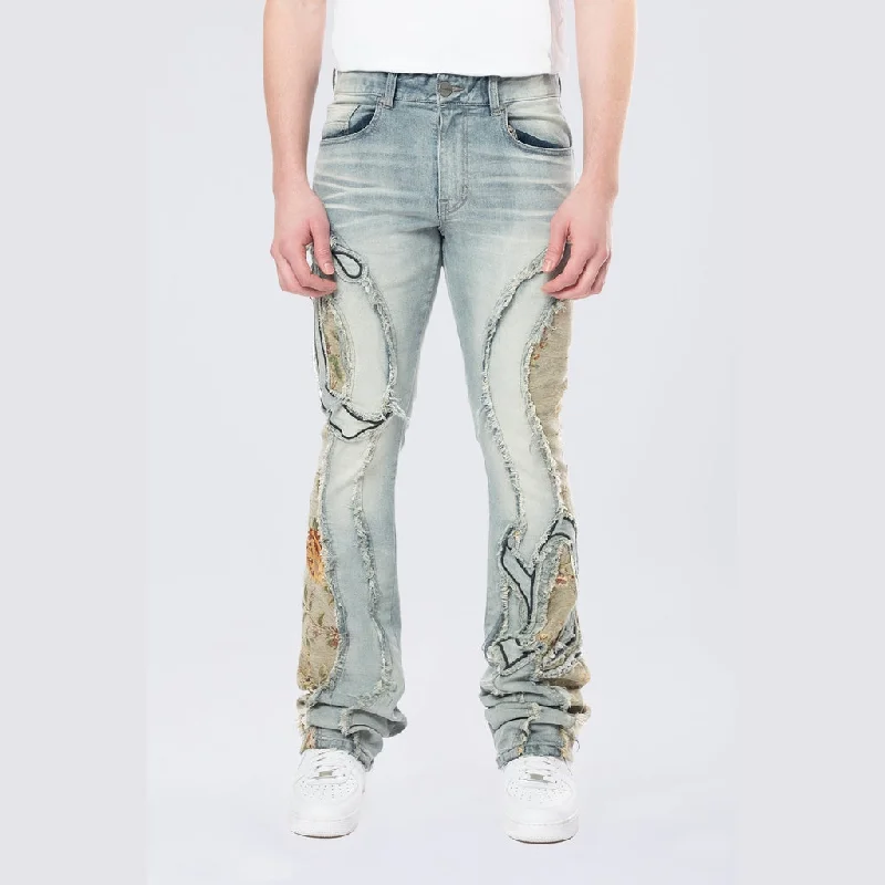 Stacked Pinched Flared Tapestry Paneled Jeans - Vanilla Blue