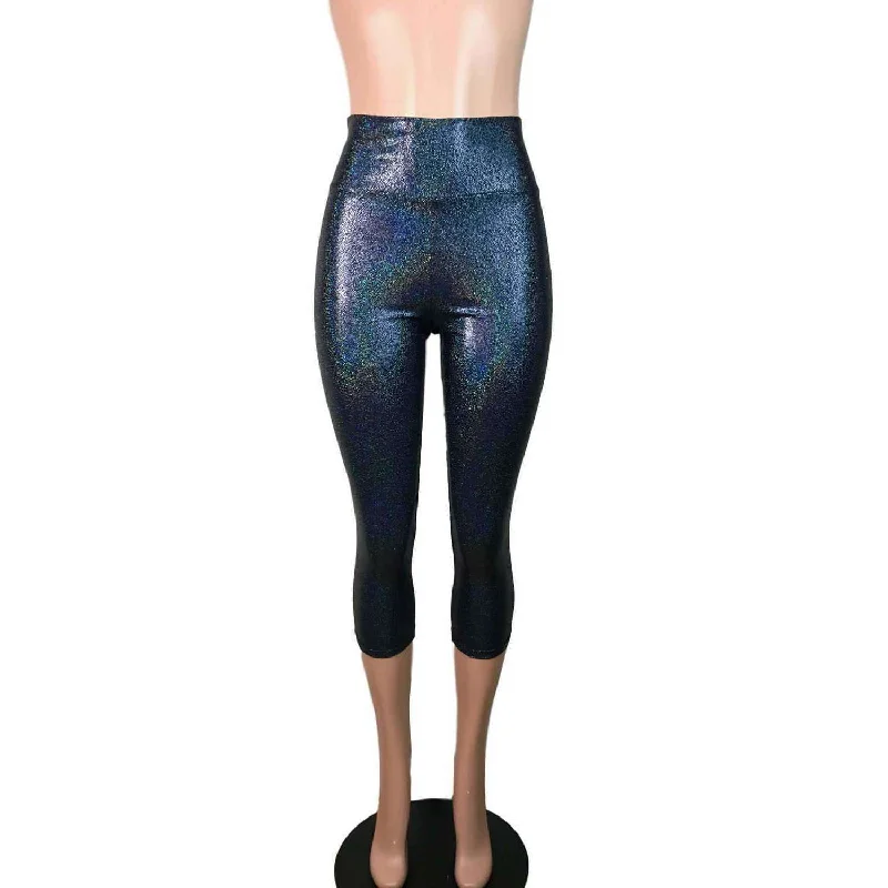 Black Holographic Cropped Capri Leggings Pants