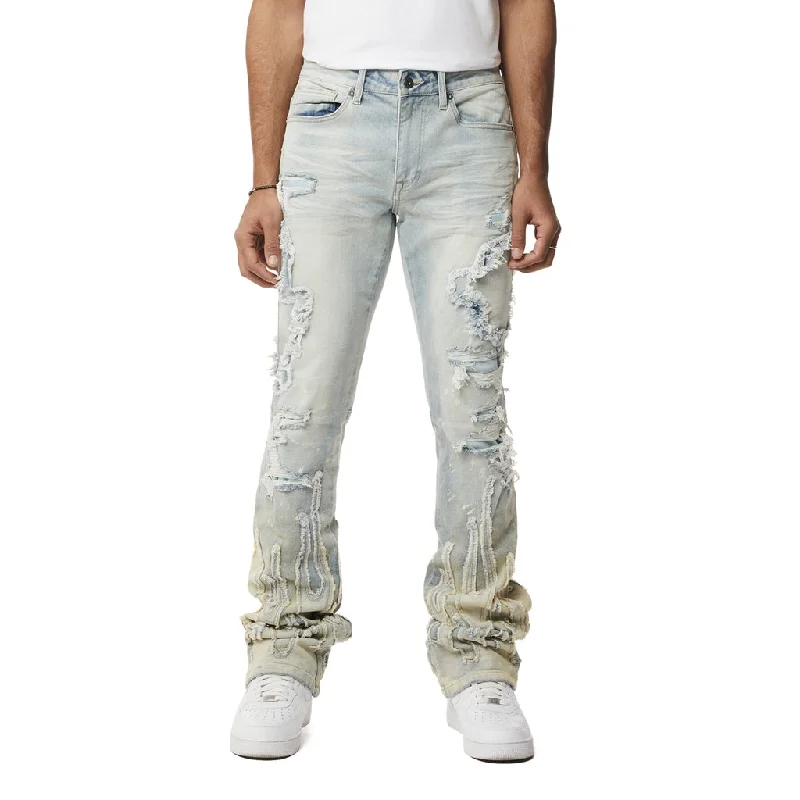 Stacked Flame Applique Heavy Rip and Repair Jeans - Ombre Blue