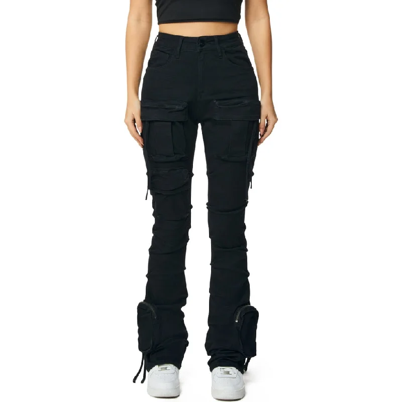 High Rise Stacked Cargo Jeans - Deep Black