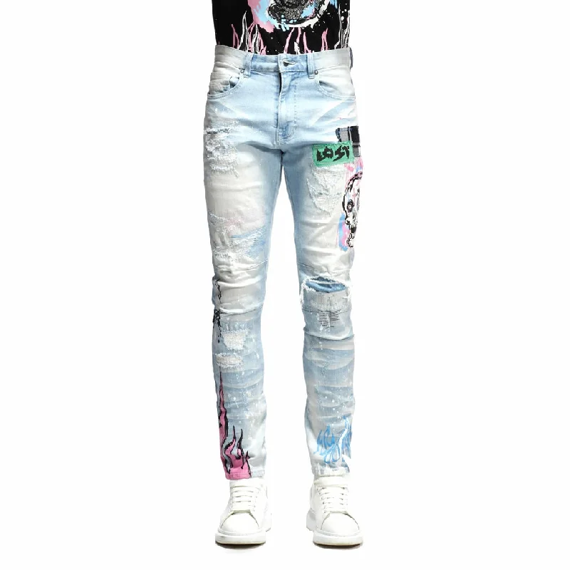 Slim Tapered Skull And Flame Graphic Jeans - Speckle Blue