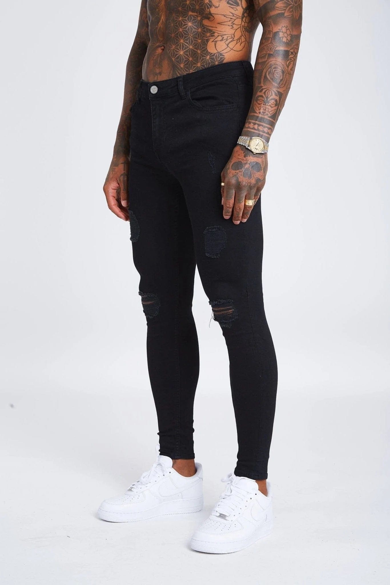 SKINNY FIT JEANS RIPPED & REPAIRED - BLACK