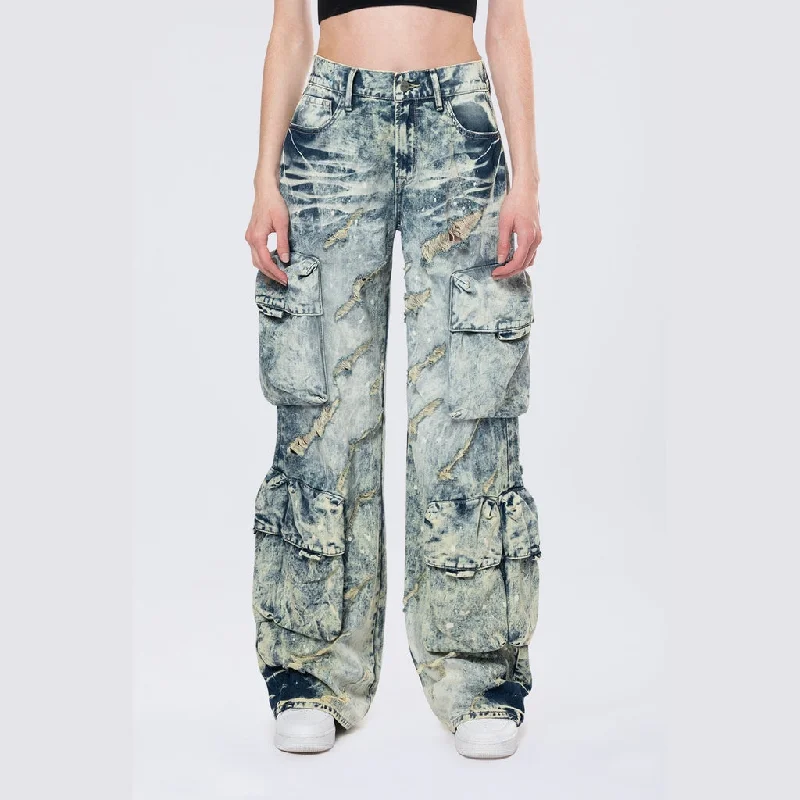 High Rise Wide Leg Distressed Jeans - Orion Blue