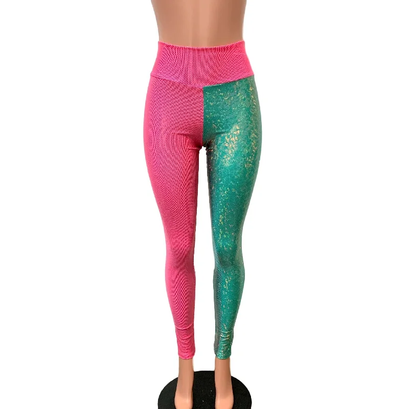 SALE - SMALL Holographic Colorblock Leggings - Pink and Jade Shattered Glass