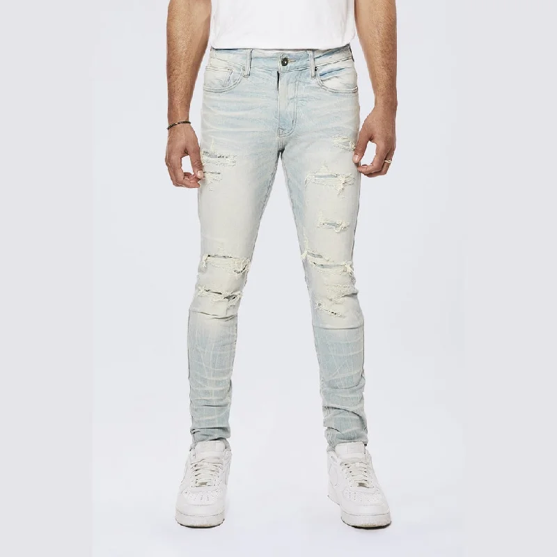 Slim Tapered Rip & Repaired Colored Jeans - Speckle Blue