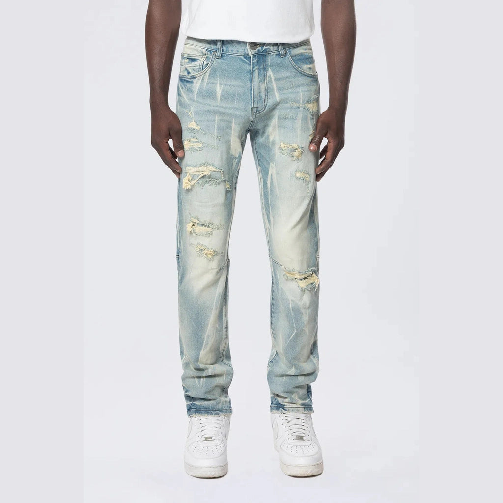 Slim Rip & Repair Vertical Lightning Effect Jeans - Seymour Blue