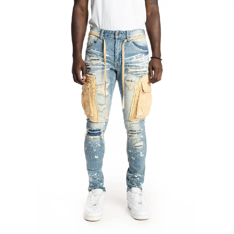 Slim Tapered Belted Cargo Jeans - Brighton Blue