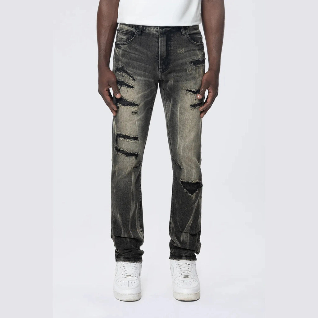 Slim Rip & Repair Vertical Lightning Effect Jeans - Black Dust