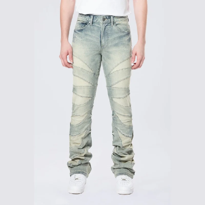 Stacked Flared Pinched Half-Moon Insert Pieced Jeans - Industrial Blue