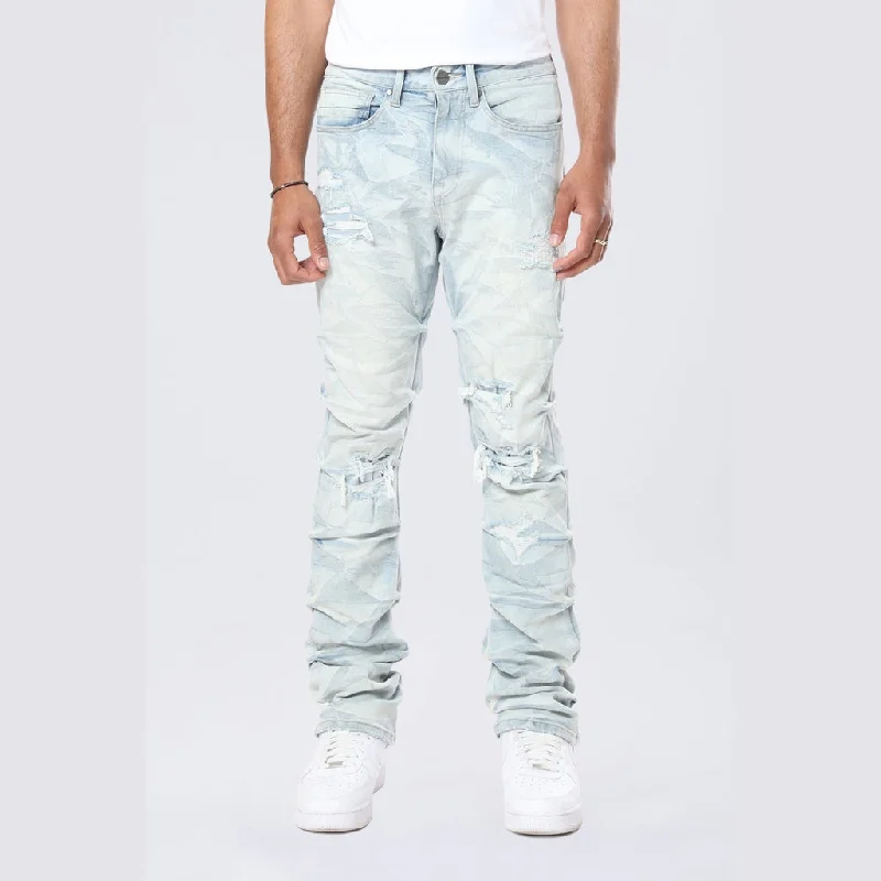 Long Straight Pinched Lightning Effect Jeans - Marshfield Blue