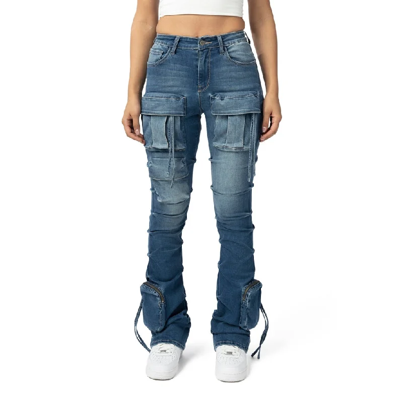 High Rise Stacked Cargo Jeans - Southport Blue