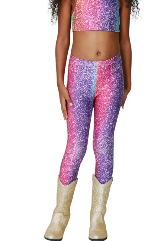 Girl's Hi Shine Leggings In Rainbow Glitter Foil