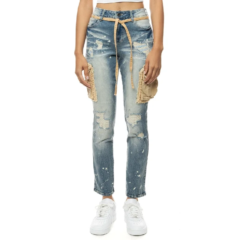 High Rise Relax Tapered Mixed Media Cargo Jeans - Brighton Blue