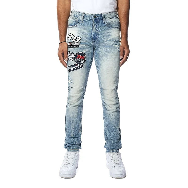 Slim Embroidered Patched Racing Jeans - Beacon Blue