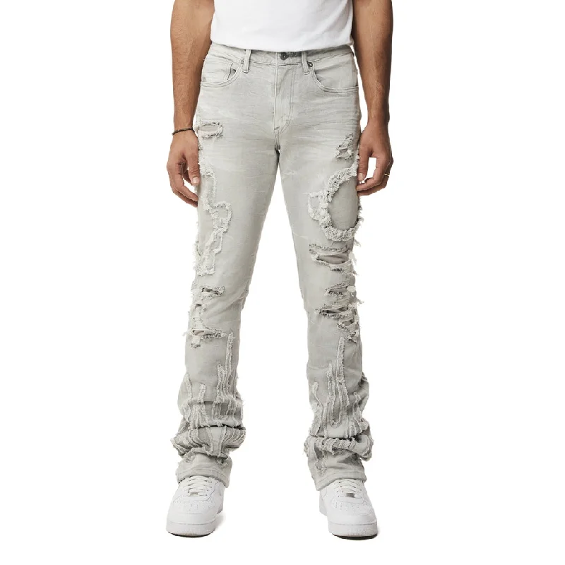 Stacked Flame Applique Heavy Rip and Repair Jeans - Cloud Grey