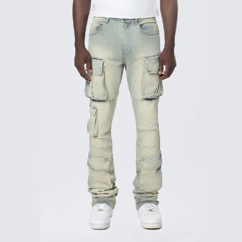 Stacked Utility Multi Pocket Cargo Jeans - Industrial Blue