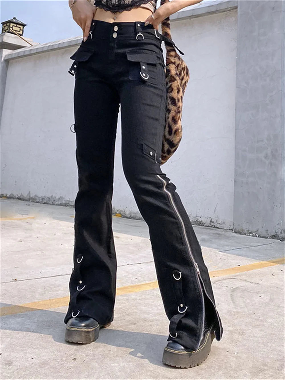 Punk Rivet Zipper Cargo Pants: Y2K Techwear Leggings