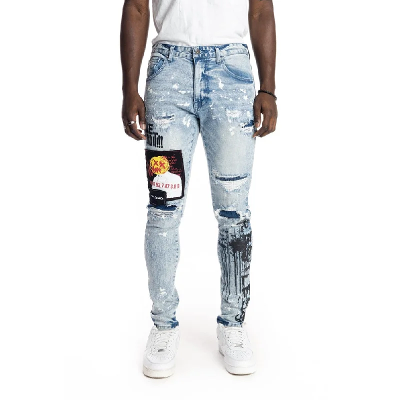 Slim Tapered Graphic Patched Jeans - Mizu Blue