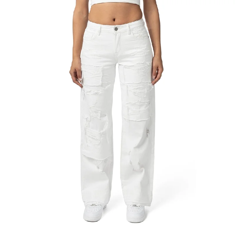 Mid Rise Wide Leg Rip Off Jeans - White