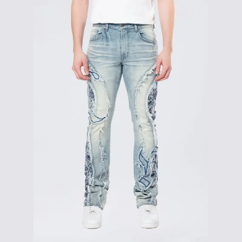 Stacked Pinched Flared Tapestry Paneled Jeans - Montauk Blue