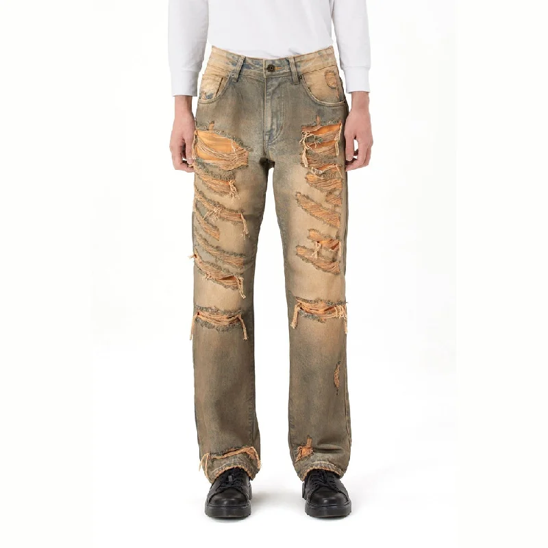 Semi Wide Curved Rip & Repair Jeans - Brown Blue