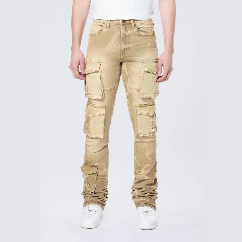 Stacked Flared Multi Pocket Cargo Jeans - Brulee