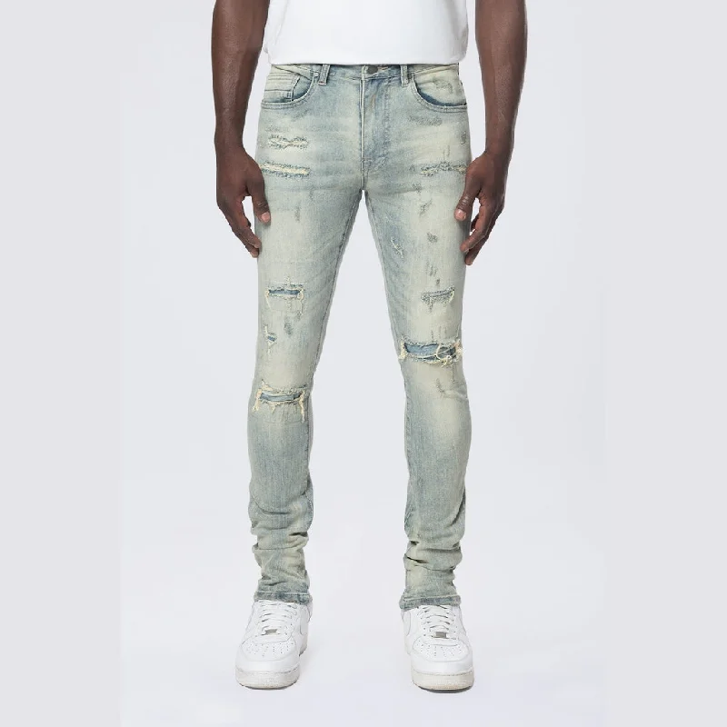 Super Skinny Distressed Rip and Repair Jeans - Industrial Blue