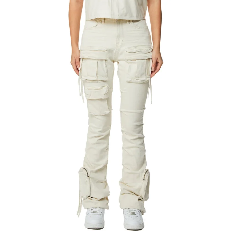 High Rise Stacked Cargo Jeans - Ecru