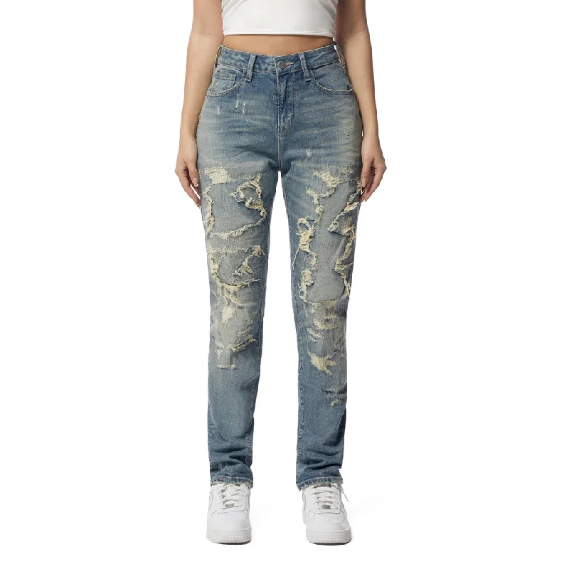 High Rise Tapered Rip Off Jeans - Lisbon Blue