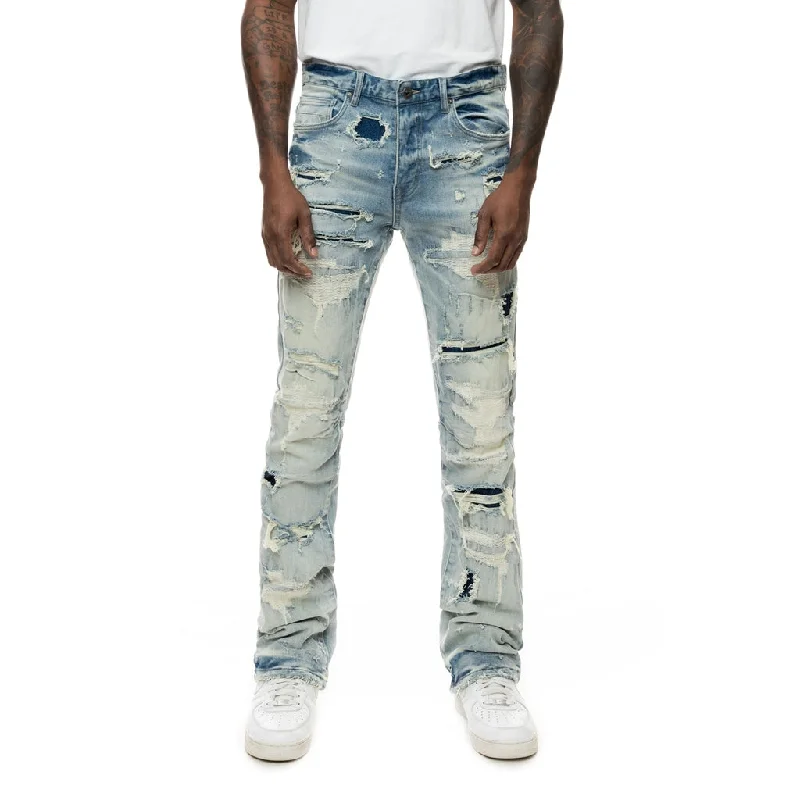 Lazy Stacked Flared Double Layered Jeans - York Blue