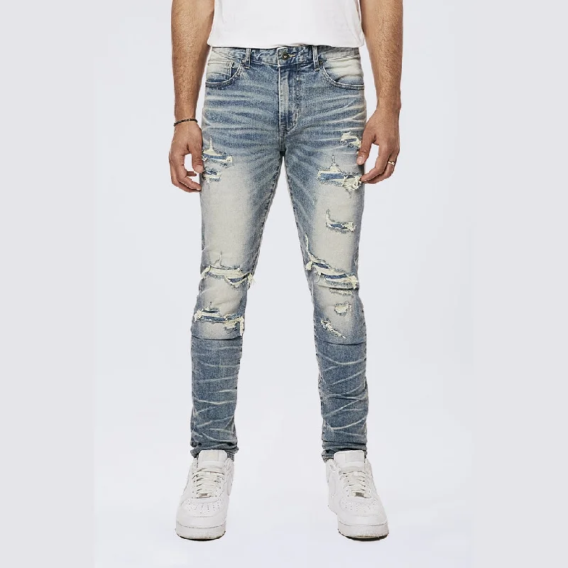 Slim Tapered Rip & Repaired Colored Jeans - Malibu Blue