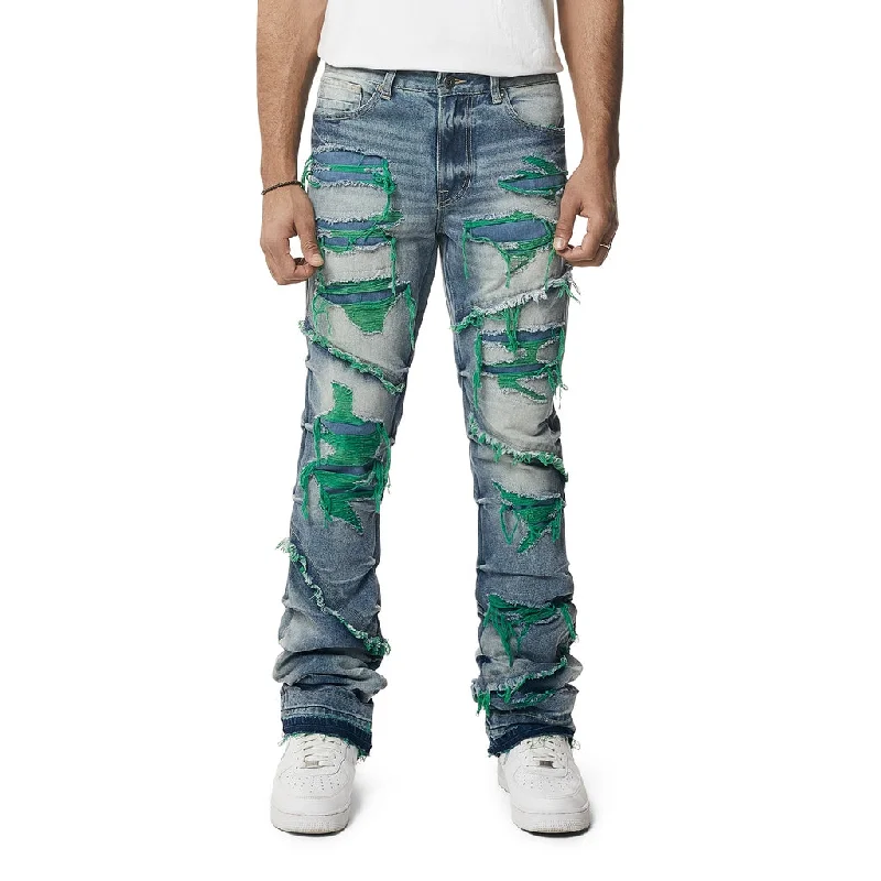 Lazy Stacked Flared Colored Thread Heavy R&R Jeans - Green