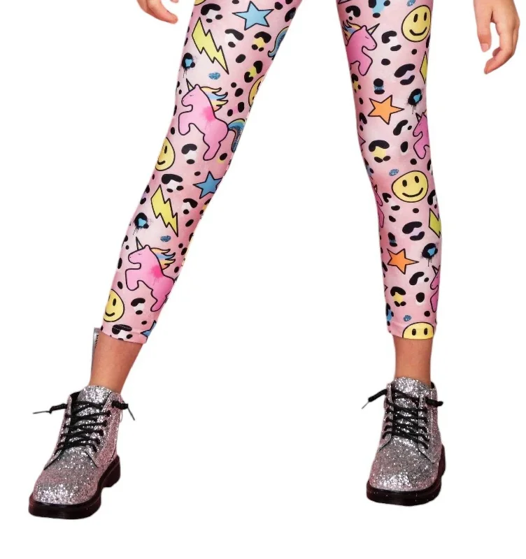 Girls Emoji Unicorn Leggings In Multicolor