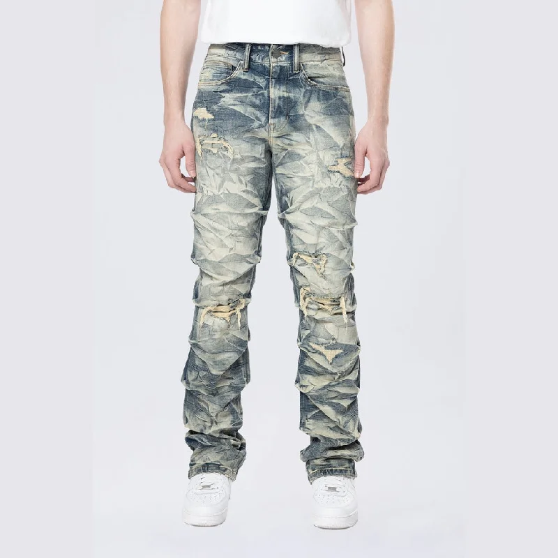 Long Straight Pinched Lightning Effect Jeans - Blue Toast