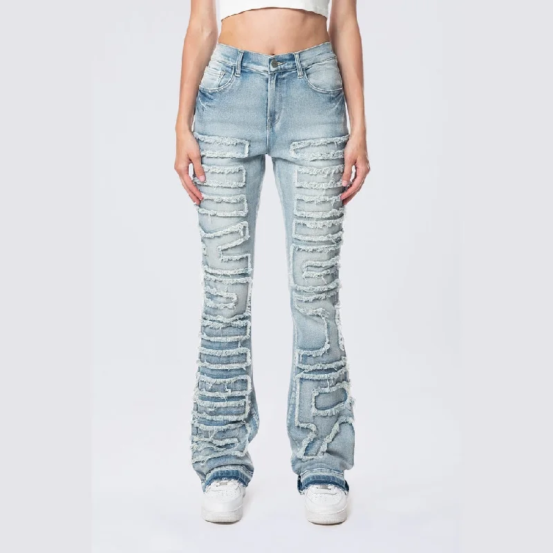 High Rise  Stacked Applique Jeans - Pier Blue