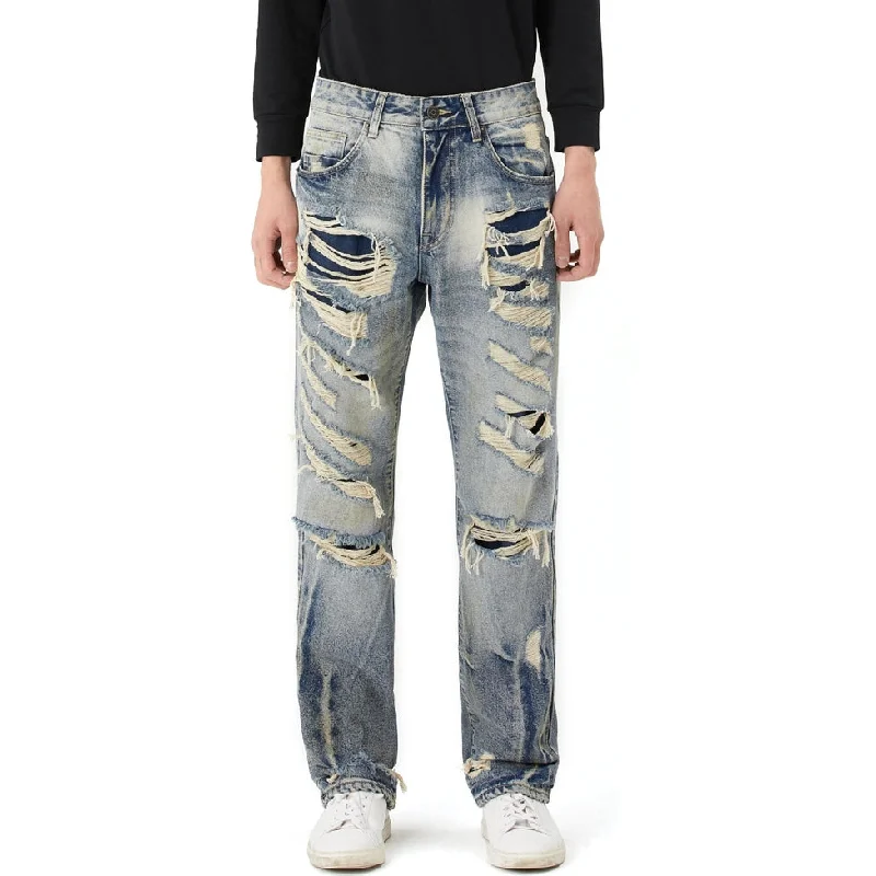 Semi Wide Curved Rip & Repair Jeans - Heritage Blue