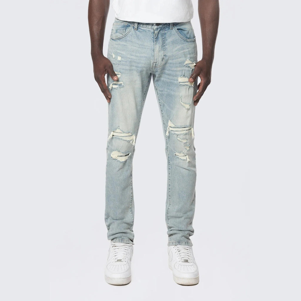 Slim Tapered Rip & Repaired Colored Jeans - Natick Blue