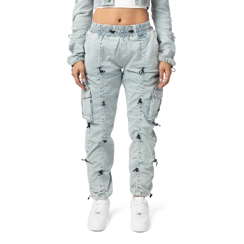 High Rise Multi Bungee Cargo Denim Joggers - Speckle Blue