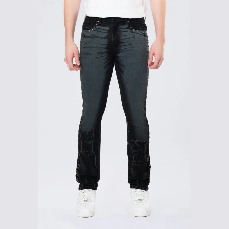 Long Slim Color Flocked Jeans - Dorset Black