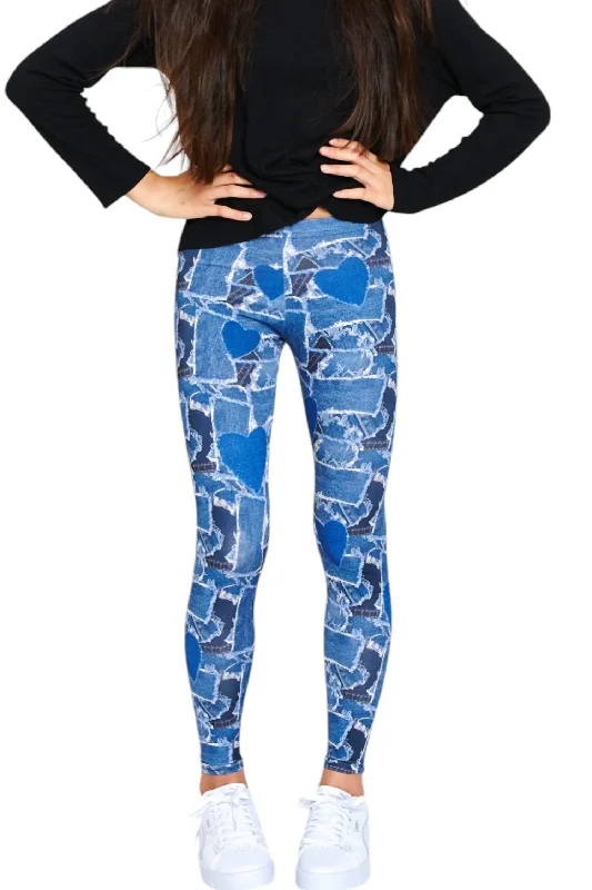 Girl's Hi-Shine Leggings In Denim Heart Patchwork