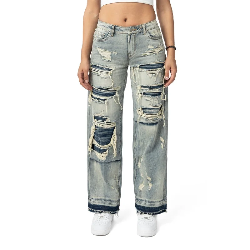 Mid Rise Wide Leg Rip Off Jeans - Industrial Blue