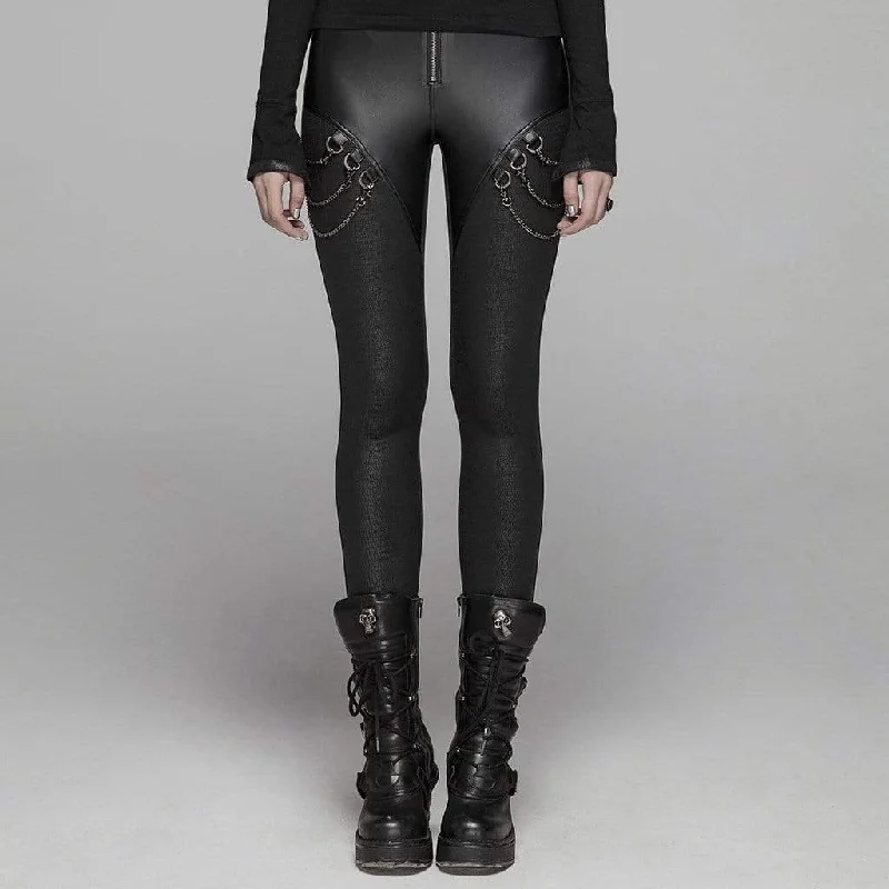 Women's Goth Faux Leather Skinny Leggings With Metal Chains