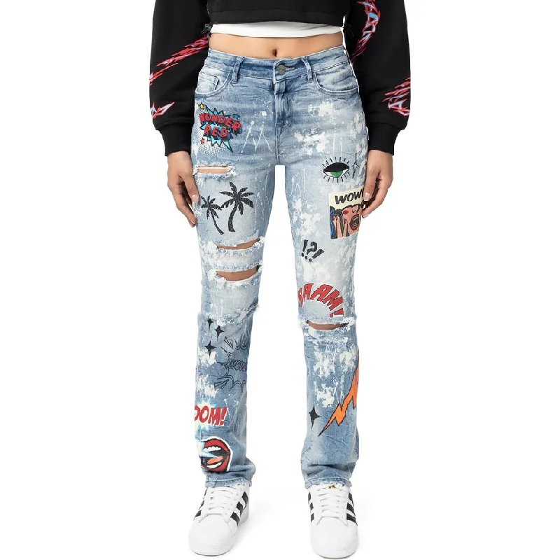 High Rise Straight Graphic Jeans - Cabana Blue